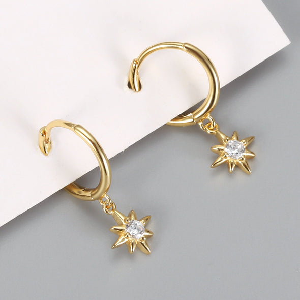 Solid 925 Sterling Silver Vermeil Hoop Earrings, Starburst Hoop Earrings, Minimalist Earrings, Delicate Huggies, Hoop 11mm YCZ1201