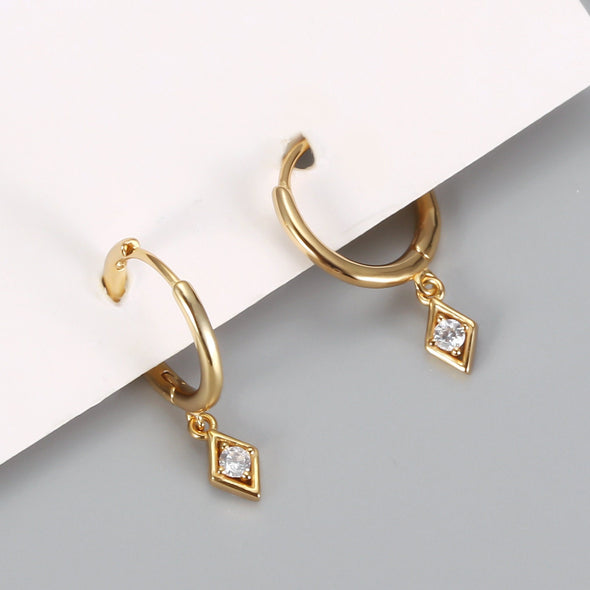 Sterling Silver Vermeil Diamond Shape Hoop Earrings, Cubic Zirconia Huggies Earrings, Minimalist Earrings, Hoop 11mm YCZ1204