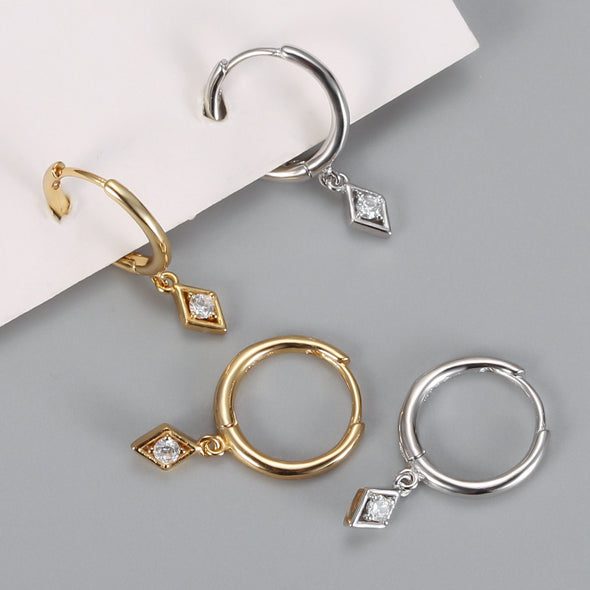 Sterling Silver Vermeil Diamond Shape Hoop Earrings, Cubic Zirconia Huggies Earrings, Minimalist Earrings, Hoop 11mm YCZ1204