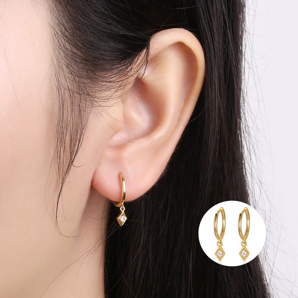 Sterling Silver Vermeil Diamond Shape Hoop Earrings, Cubic Zirconia Huggies Earrings, Minimalist Earrings, Hoop 11mm YCZ1204