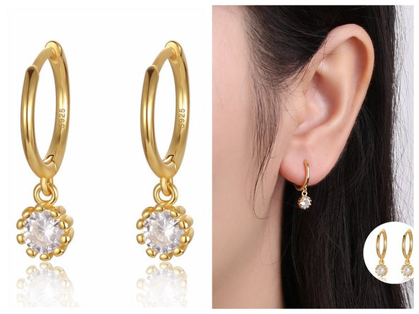 Sterling Silver Vermeil Round Dot Hoop Earrings, Cubic Zirconia Huggies Earrings, Minimalist Earrings, Hoop 11mm YCZ1205