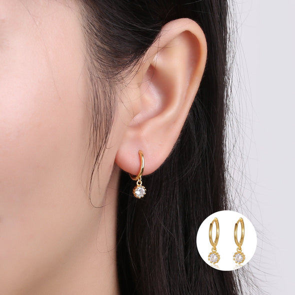 Sterling Silver Vermeil Round Dot Hoop Earrings, Cubic Zirconia Huggies Earrings, Minimalist Earrings, Hoop 11mm YCZ1205