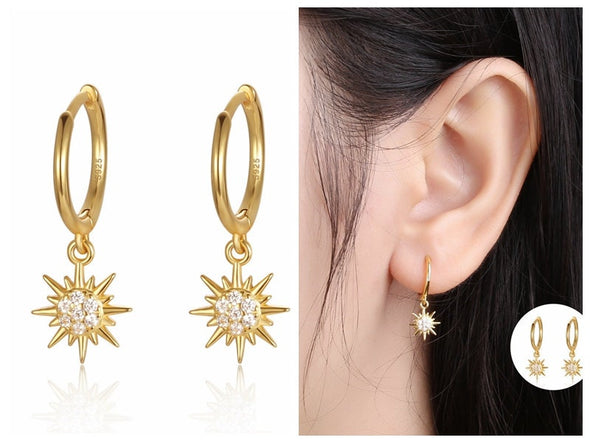 Sterling Silver Vermeil Sunburst Hoop Earrings, Cubic Zirconia Pave Huggies Earrings, Minimalist Earrings, Hoop 11mm YCZ1206