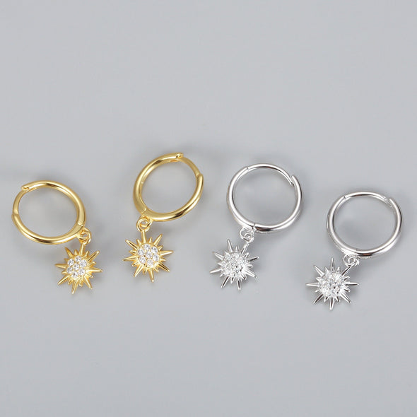 Sterling Silver Vermeil Sunburst Hoop Earrings, Cubic Zirconia Pave Huggies Earrings, Minimalist Earrings, Hoop 11mm YCZ1206