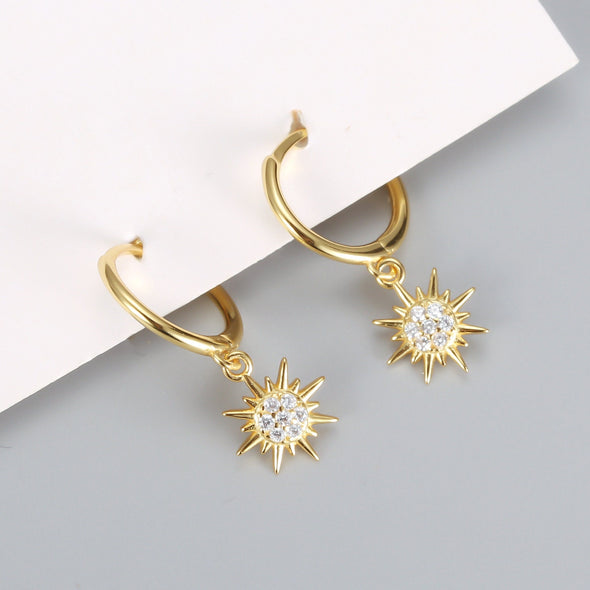 Sterling Silver Vermeil Sunburst Hoop Earrings, Cubic Zirconia Pave Huggies Earrings, Minimalist Earrings, Hoop 11mm YCZ1206