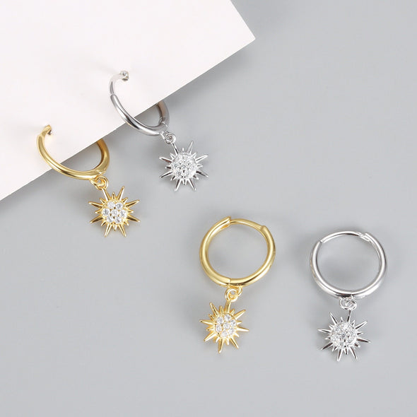 Sterling Silver Vermeil Sunburst Hoop Earrings, Cubic Zirconia Pave Huggies Earrings, Minimalist Earrings, Hoop 11mm YCZ1206