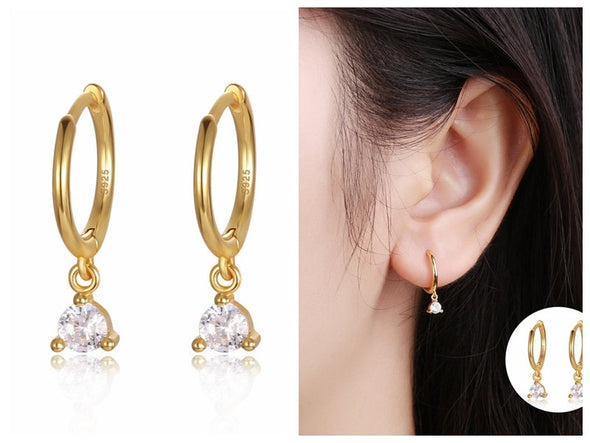 Sterling Silver Vermeil Round Dot Hoop Earrings, Cubic Zirconia Huggies Earrings, Minimalist Earrings, Hoop 11mm YCZ1207