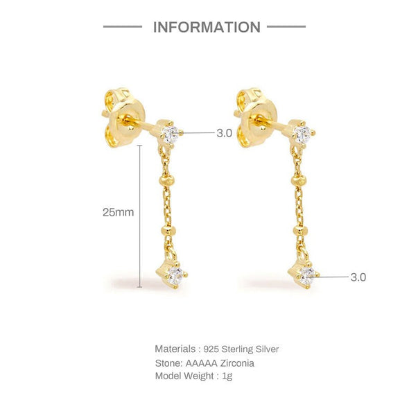 solid sterling silver vermeil thread stud earrings, CZ micro pave minimal stud 25mm long YCZ220