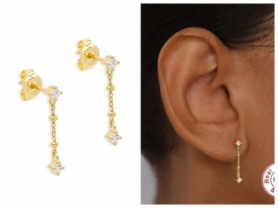 solid sterling silver vermeil thread stud earrings, CZ micro pave minimal stud 25mm long YCZ220