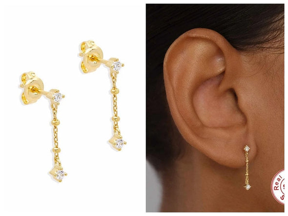 solid sterling silver vermeil thread stud earrings, CZ micro pave minimal stud 25mm long YCZ220