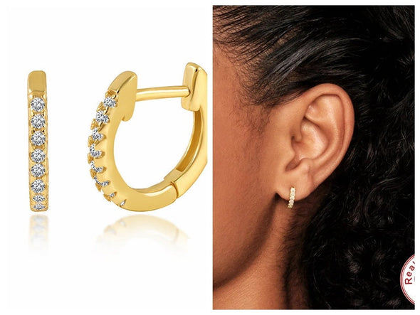 solid sterling silver vermeil huggies earrings, pave cubic zirconia hoop earrings, minimalist huggies earrings, Cartilage Earrings YCZ222