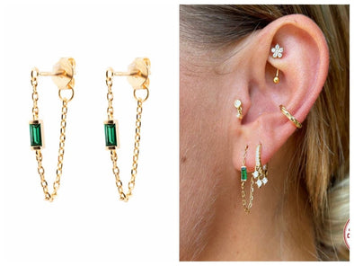 solid sterling silver vermeil thread earrings, green cubic zirconia earrings, dainty earrings delicate thread earrings, minimal YCZ223