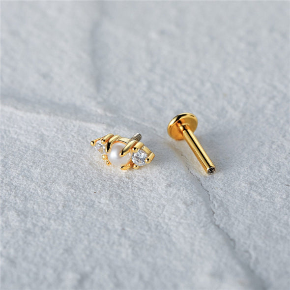 Solid Sterling Silver, Vermeil Freshwater Pearl Bead Pave Flat Back Labret internally threaded Earrings, Cartilage Helix Tragus 16g YCZ210