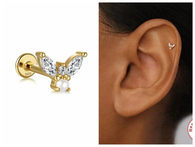 Solid Sterling Silver, Vermeil Freshwater Pearl Bead Butterfly Flat Back internally threaded Labret Cartilage Helix Tragus Stud 16g YCZ211