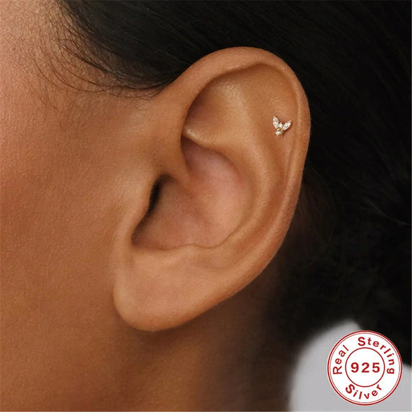 Solid Sterling Silver, Vermeil Freshwater Pearl Bead Butterfly Flat Back internally threaded Labret Cartilage Helix Tragus Stud 16g YCZ211