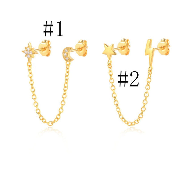 Solid Sterling Silver Vermeil Pave Threader Stud Earrings, Crescent Moon Flash Star Earrings, Cartilage Earrings, Minimal Earrings YCZ216
