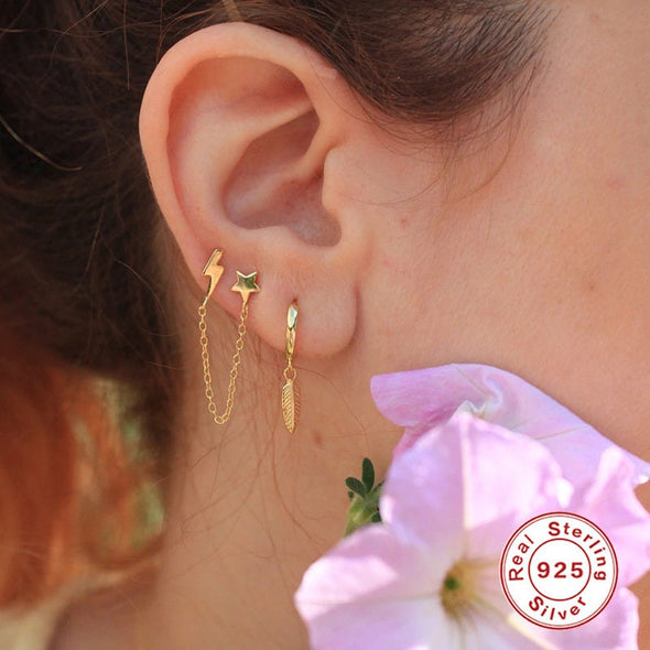 Solid Sterling Silver Vermeil Pave Threader Stud Earrings, Crescent Moon Flash Star Earrings, Cartilage Earrings, Minimal Earrings YCZ216