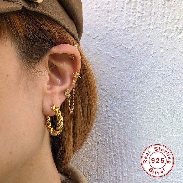 Solid Sterling Silver Vermeil Pave Threader Stud Earrings, Crescent Moon Flash Star Earrings, Cartilage Earrings, Minimal Earrings YCZ216