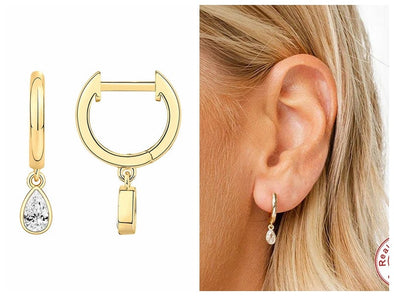 Solid 925 Sterling Silver Hoop Earrings, Cubic Zirconia Tear Drop Hoop Earrings, Minimalist Earrings, Delicate Huggies, Hoop 12mm YCZ406