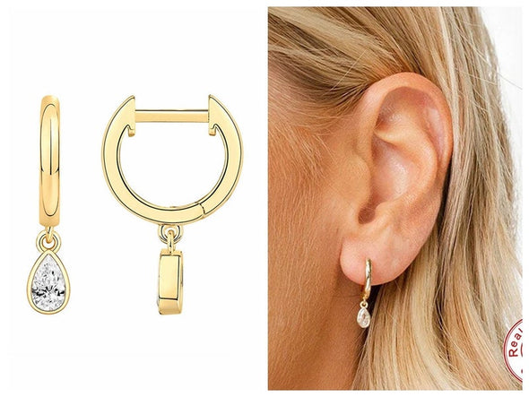 Solid 925 Sterling Silver Hoop Earrings, Cubic Zirconia Tear Drop Hoop Earrings, Minimalist Earrings, Delicate Huggies, Hoop 12mm YCZ406