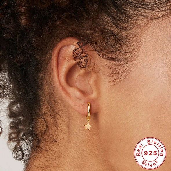 Solid 925 Sterling Silver Vermeil Hoop Earrings, Star Hoop Earrings, Minimalist Earrings, Delicate Huggies, Hoop 12mm YCZ408