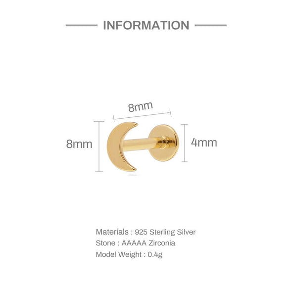 1PC/1 Pair Sterling Silver Crescent Moon Threadless Push In Flat Back Labret, Conch Earring, Cartilage Stud Earrings, Tragus Stud 16g YCZ412