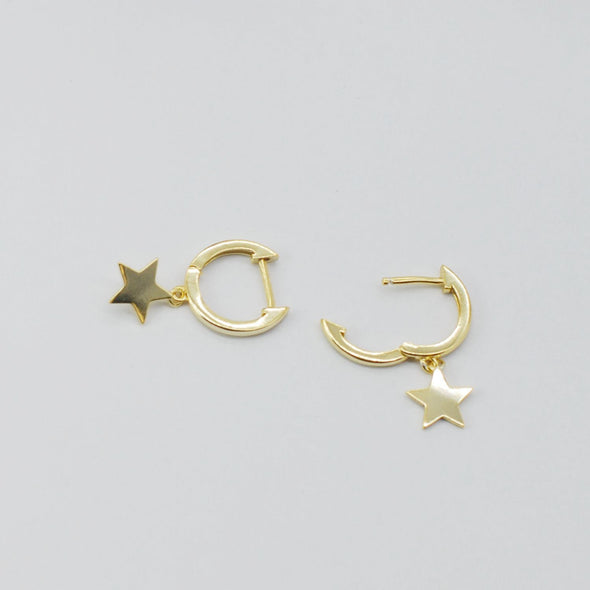 Solid 925 Sterling Silver Vermeil Hoop Earrings, Star Hoop Earrings, Minimalist Earrings, Delicate Huggies, Hoop 12mm YCZ408