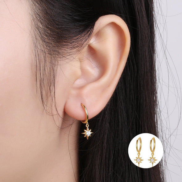 Solid 925 Sterling Silver Vermeil Hoop Earrings, Starburst Hoop Earrings, Minimalist Earrings, Delicate Huggies, Hoop 11mm YCZ1201