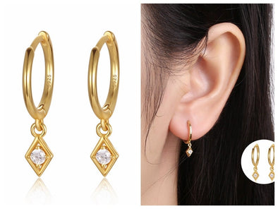 Sterling Silver Vermeil Diamond Shape Hoop Earrings, Cubic Zirconia Huggies Earrings, Minimalist Earrings, Hoop 11mm YCZ1204